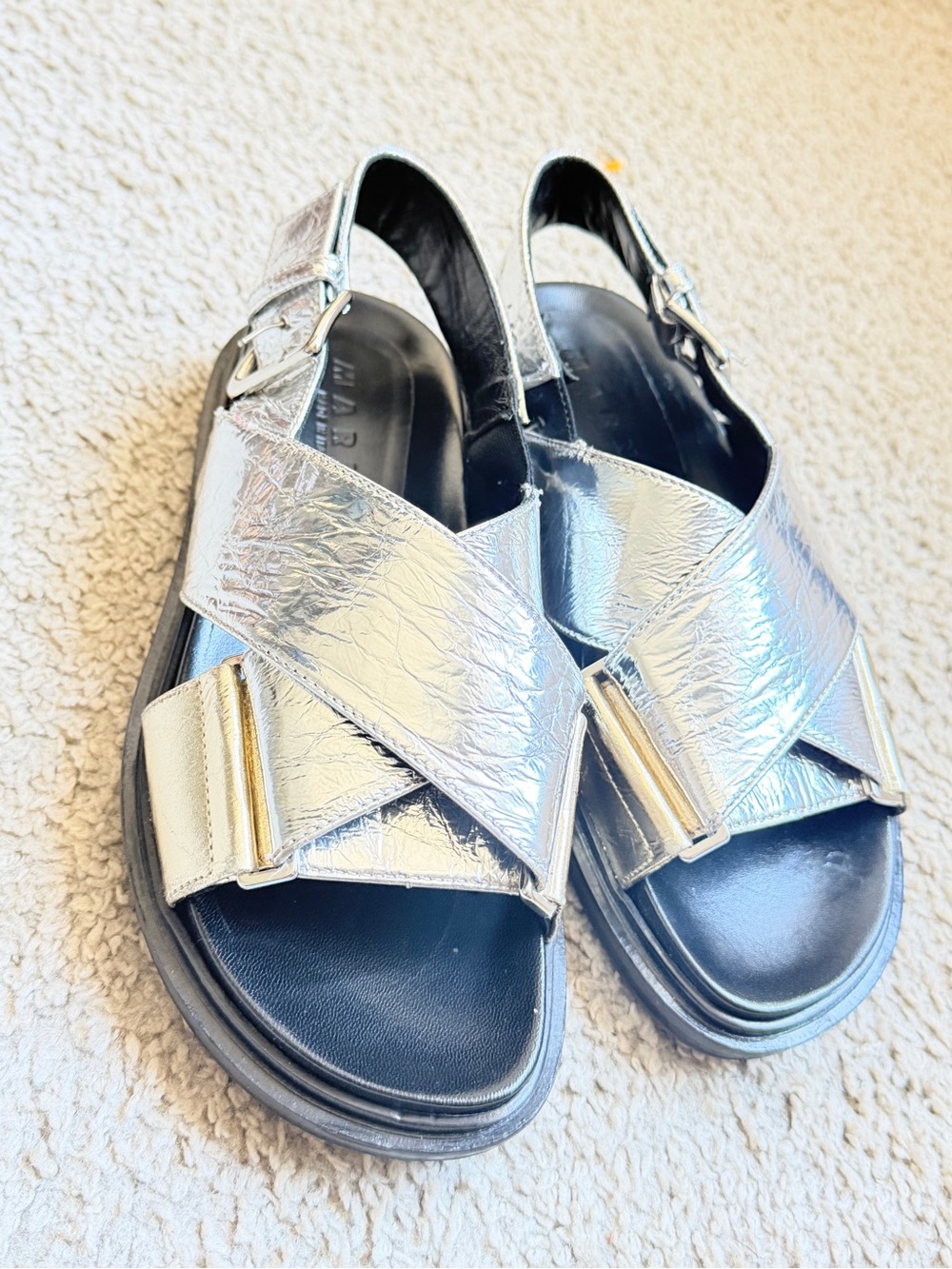 Marni Silver Metallic Crisscross Buckle Sandals